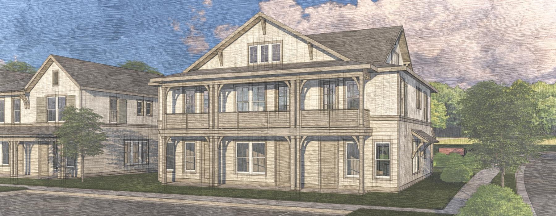a sketched drawing of a Valora Cottages at Crestview with yards and landscaping