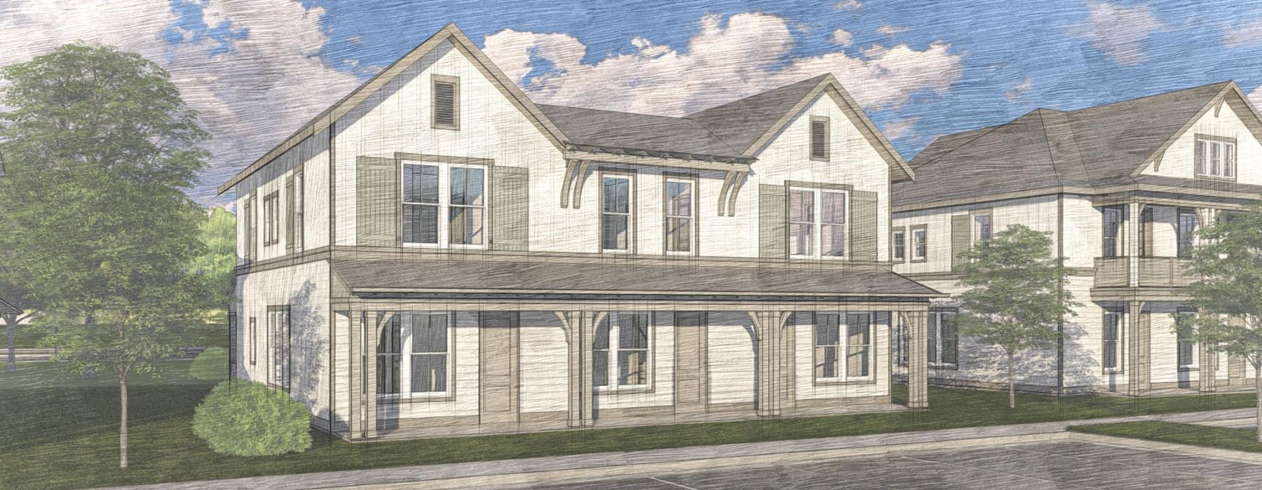 a sketched drawing of a Valora Cottages at Crestview with yards and landscaping